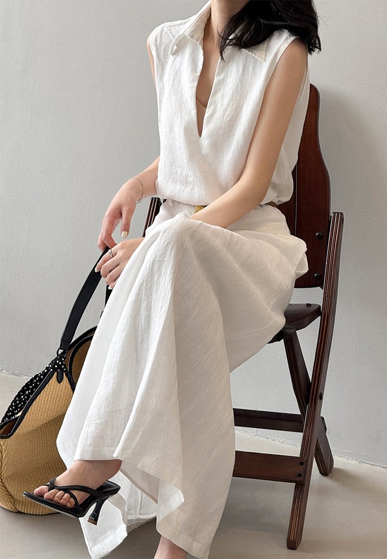 Summer Korean-Style V-Neck Shirt and Long A-Line Skirt Linen Suit CA25061784W