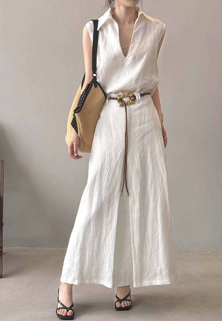 Summer Korean-Style V-Neck Shirt and Long A-Line Skirt Linen Suit CA25061784W