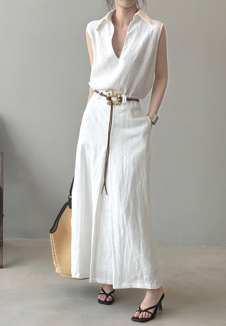 Summer Korean-Style V-Neck Shirt and Long A-Line Skirt Linen Suit CA25061784W