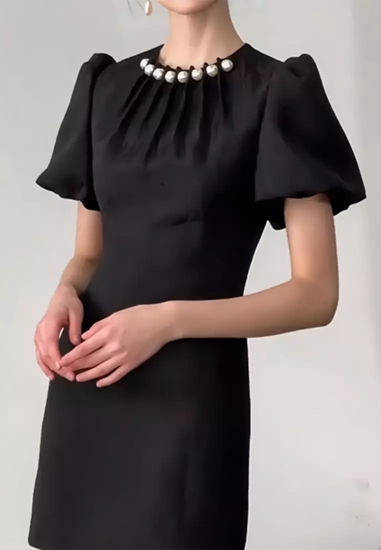 French elegant bubble sleeve black dress CA24102526BK