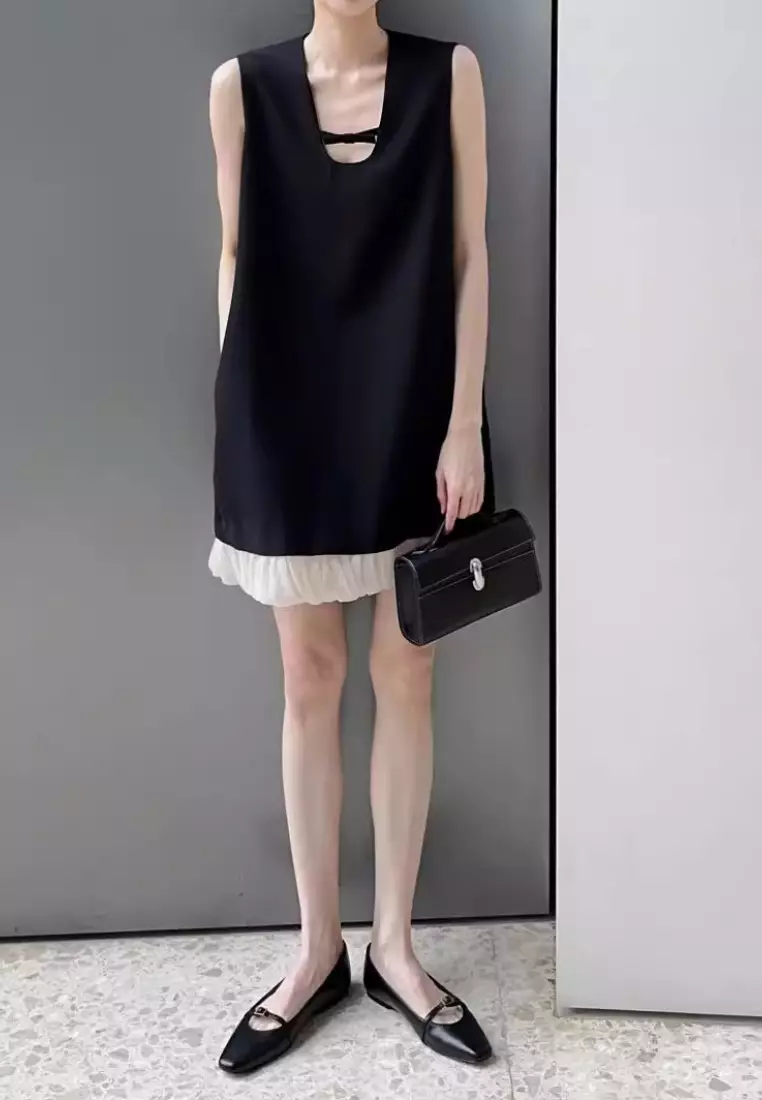 2024 New U-neck Spliced ​​Vest Black Dress K052711BK-S