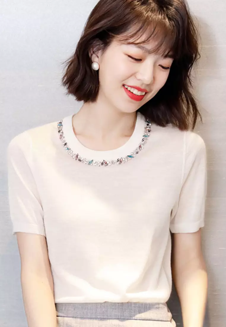 Korean Style Woolen Beaded Ultra-Thin Top A21031903BK