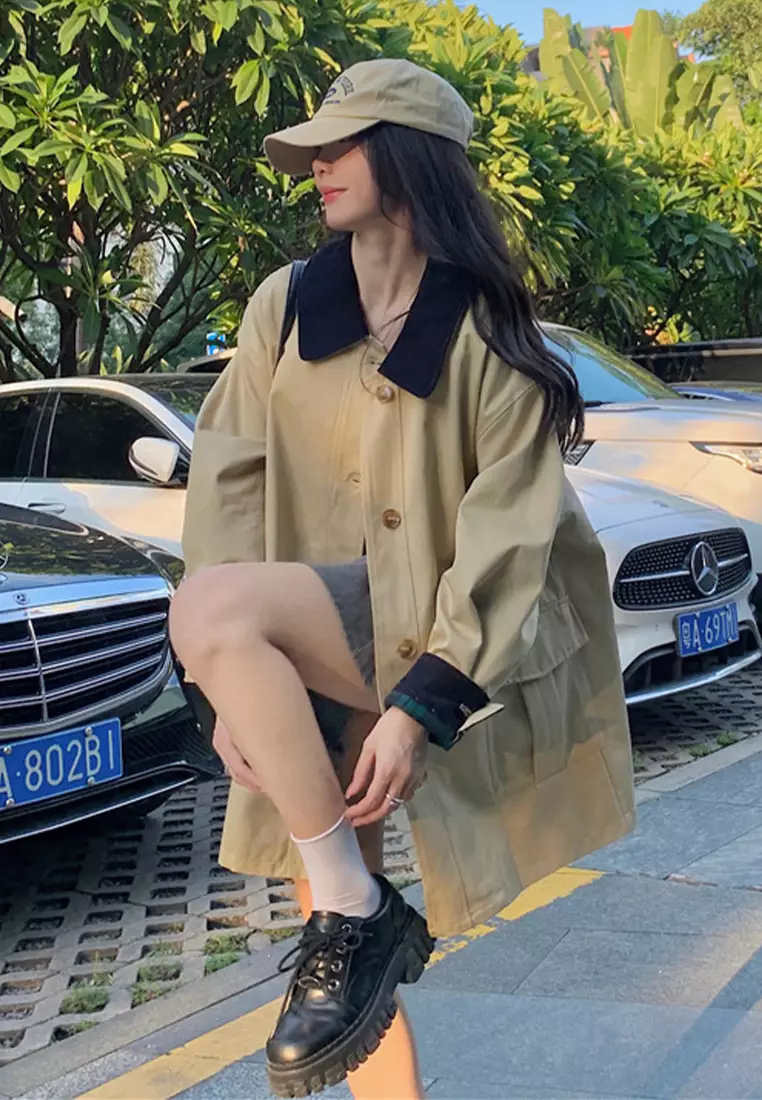 Color blocking versatile long casual windbreaker jacket CA24092323BL