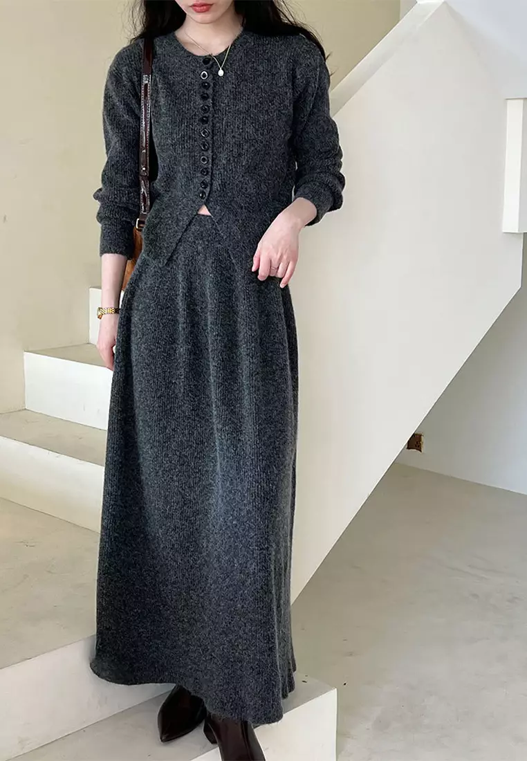 French round neck sweater cardigan skirt set CA24092356GY