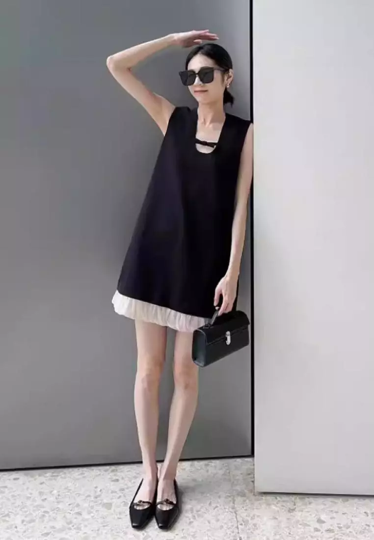 2024 New U-neck Spliced ​​Vest Black Dress K052711BK-S