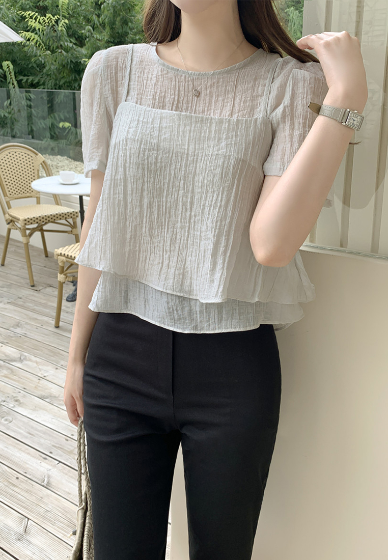 French crew neck puff sleeve textured chiffon top CA25060326GR