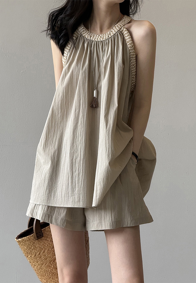 Summer French Crew Neck Pleated Sleeveless Tank Top and Shorts Set CA25061788BK