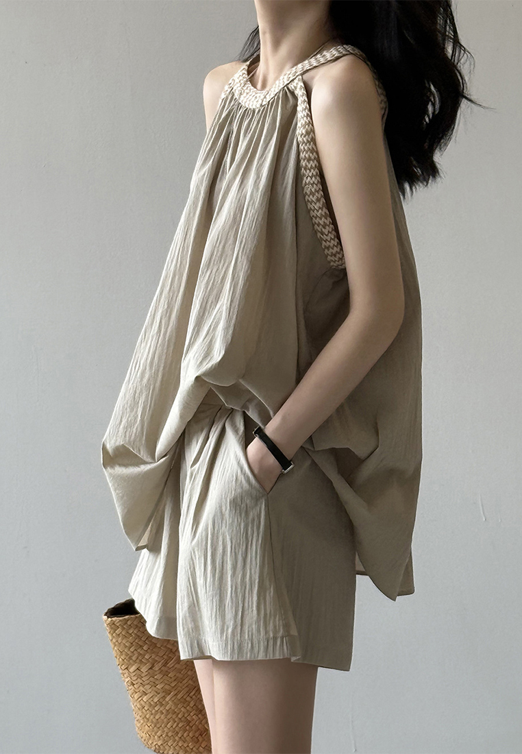 Summer French Crew Neck Pleated Sleeveless Tank Top and Shorts Set CA25061788BK