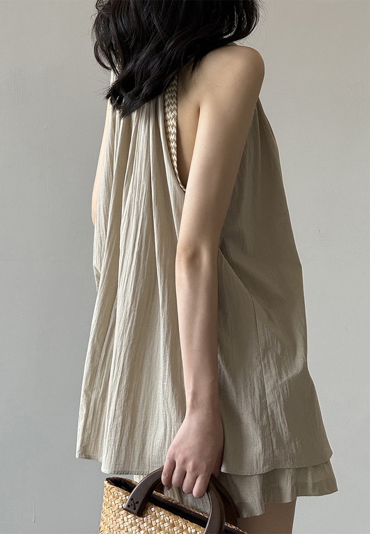 Summer French Crew Neck Pleated Sleeveless Tank Top and Shorts Set CA25061788BK