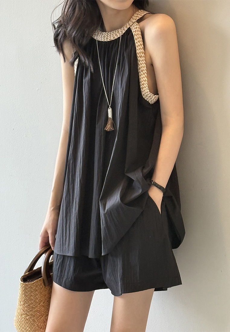 Summer French Crew Neck Pleated Sleeveless Tank Top and Shorts Set CA25061788BK