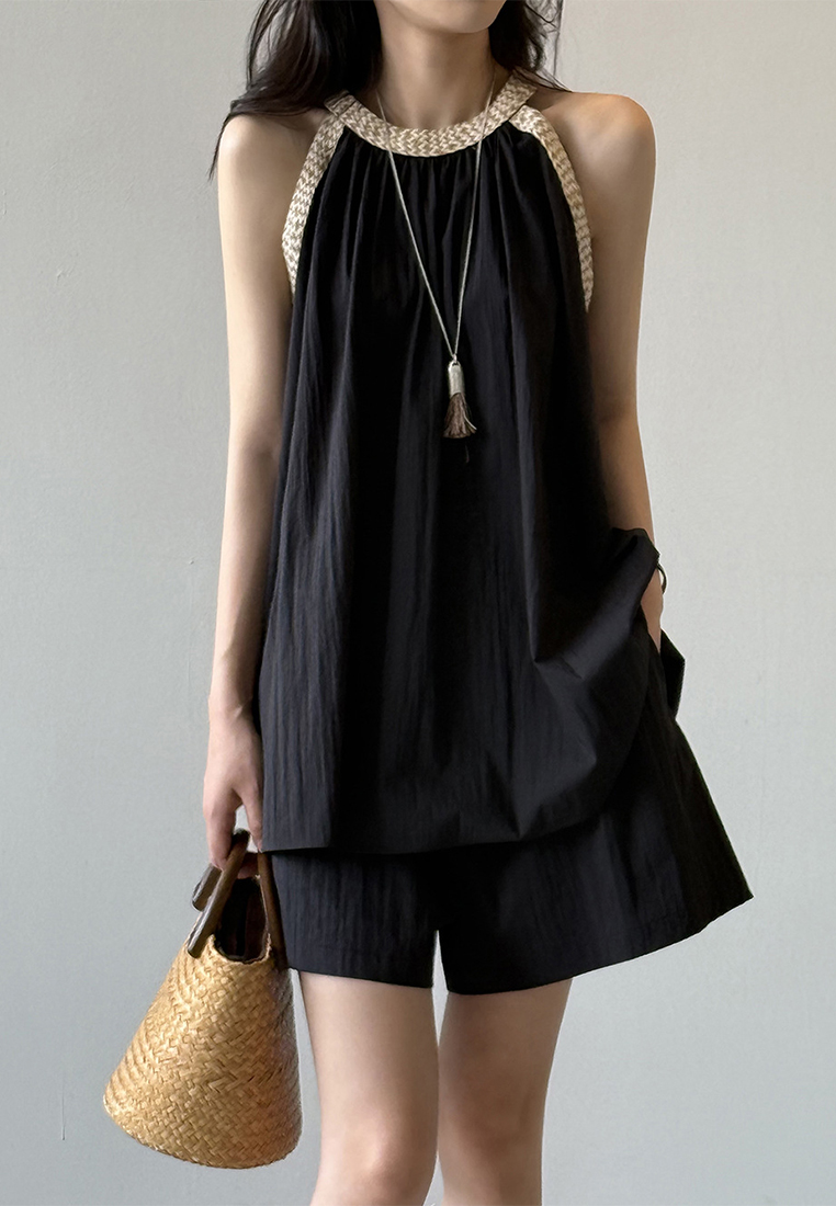 Summer French Crew Neck Pleated Sleeveless Tank Top and Shorts Set CA25061788BK