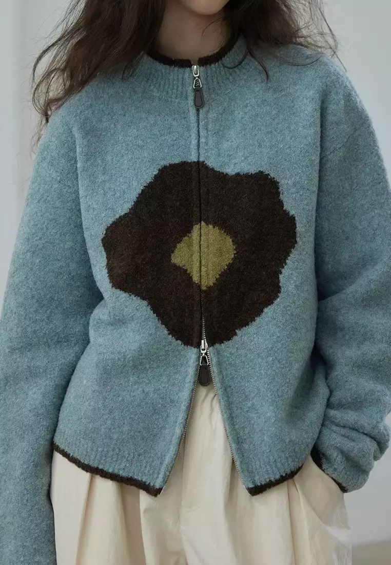 Retro style new flower pattern zipper knitted sweater jacket Cardigan K120302GY