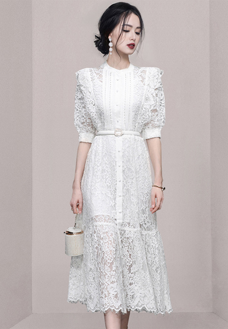 Summer Elegant Lotus Leaf Decorated Lace A-line Dress with Floral Trim CA061389