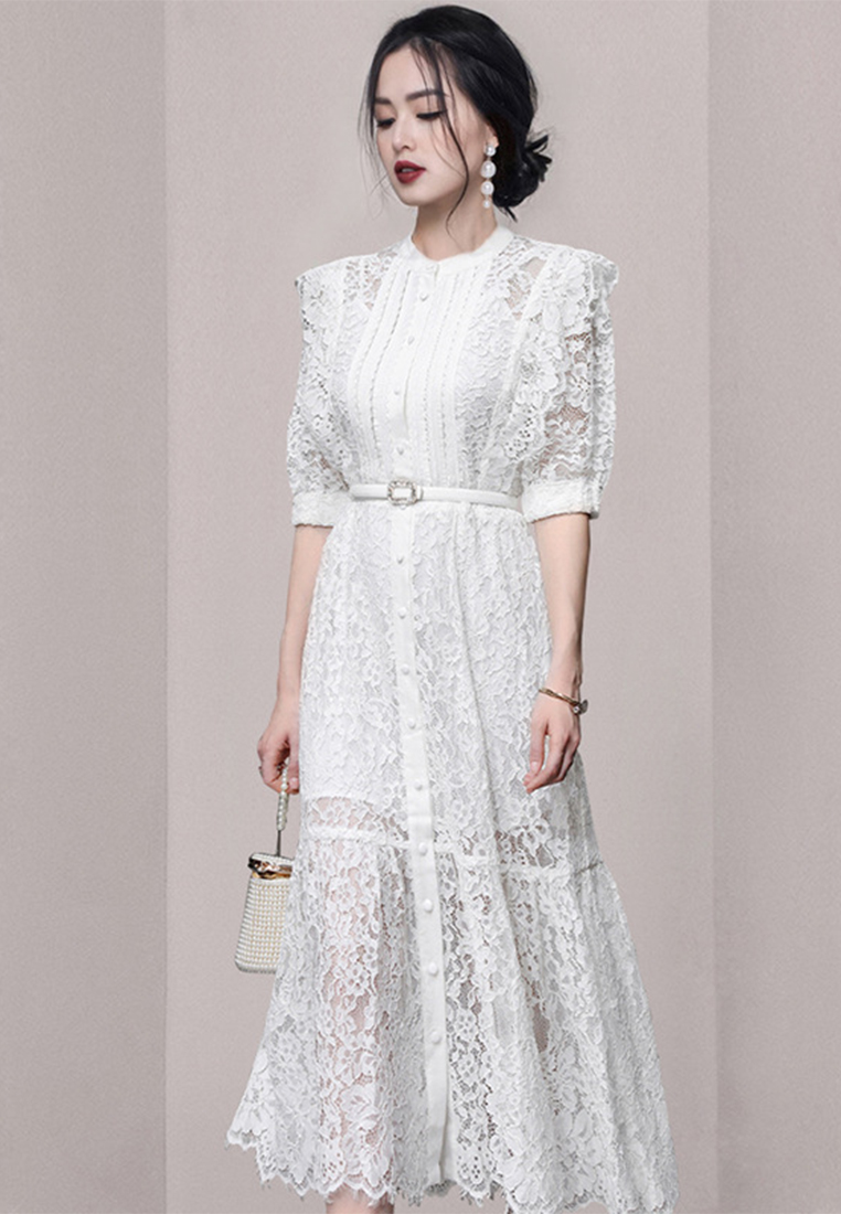 Summer Elegant Lotus Leaf Decorated Lace A-line Dress with Floral Trim CA061389