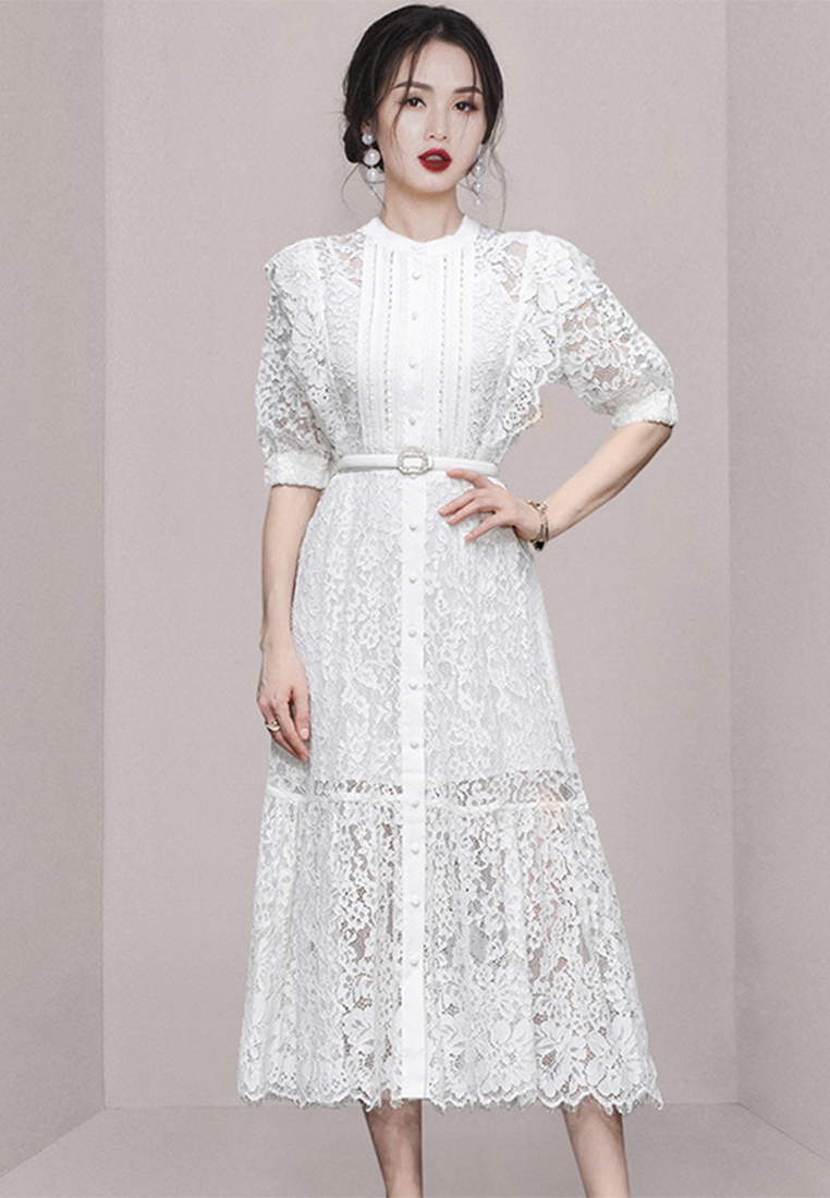 Summer Elegant Lotus Leaf Decorated Lace A-line Dress with Floral Trim CA061389