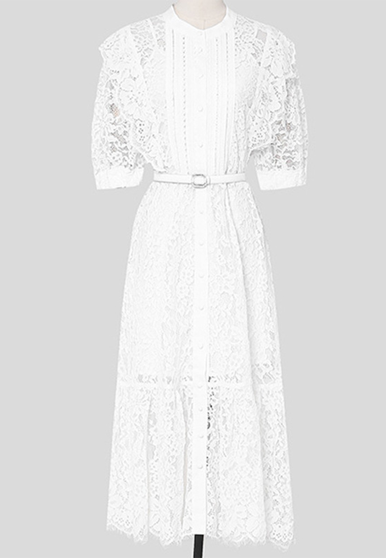 Summer Elegant Lotus Leaf Decorated Lace A-line Dress with Floral Trim CA061389