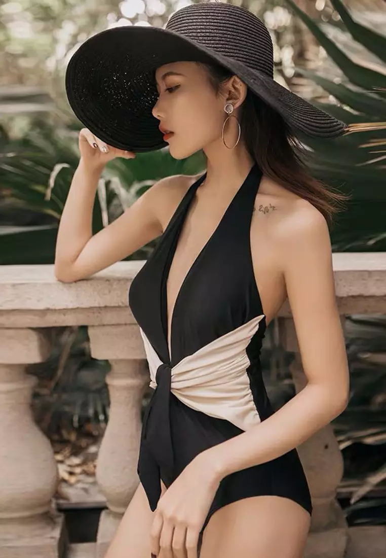 Sexy Deep V High Waist Stitching One-Piece Swimsuit A21071412BK