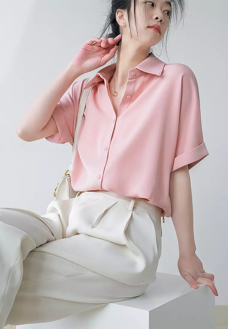 Summer Japanese thin satin drape short-sleeved shirt CA24032503W
