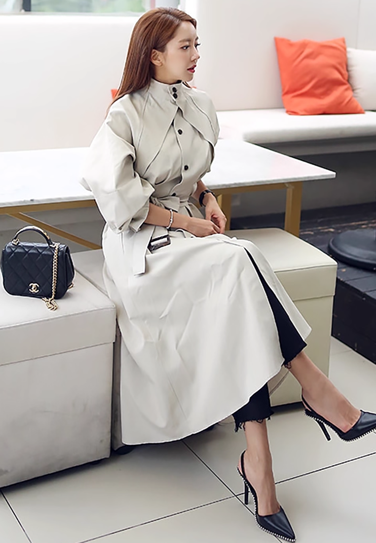 New temperament stand collar retro mid-length trench coat jacket dress K100305BL