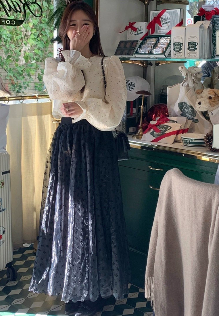 Spring printed high waist mesh long skirt CA25021333BK