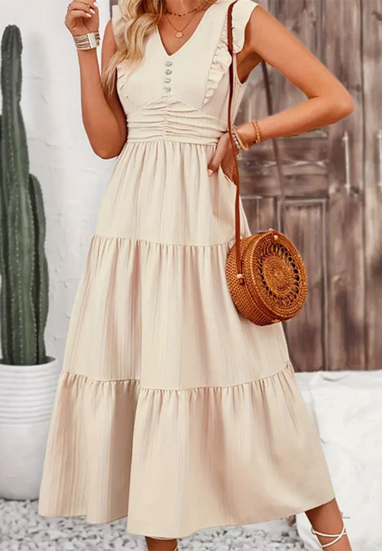 Solid color jacquard long sleeveless dress CA25042217PI