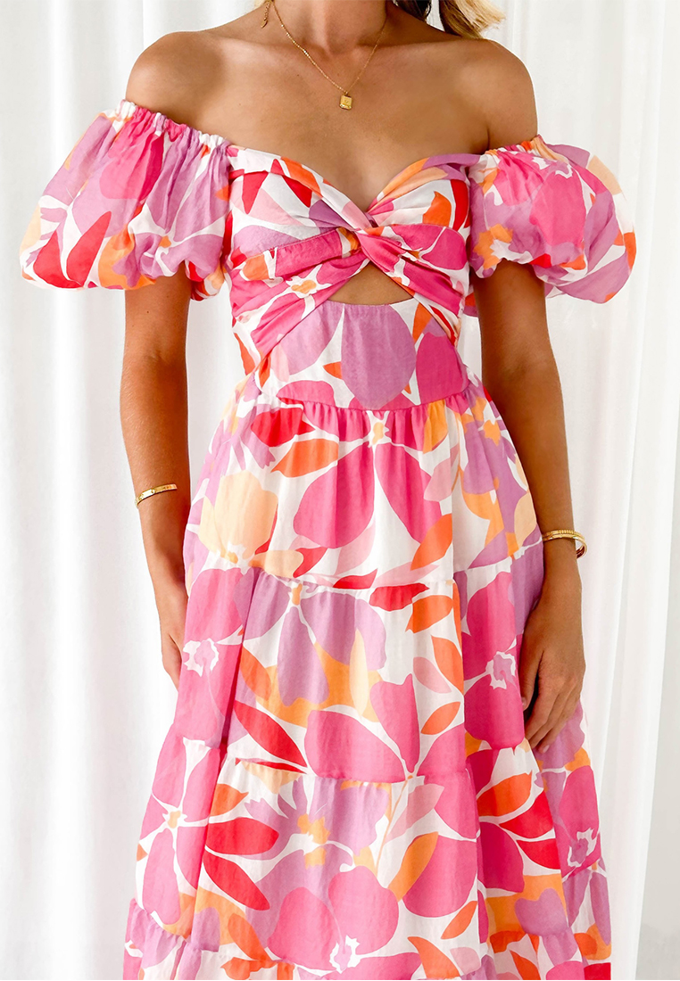 Summer casual printed waist cinched bubble sleeve dress CA25042266GR