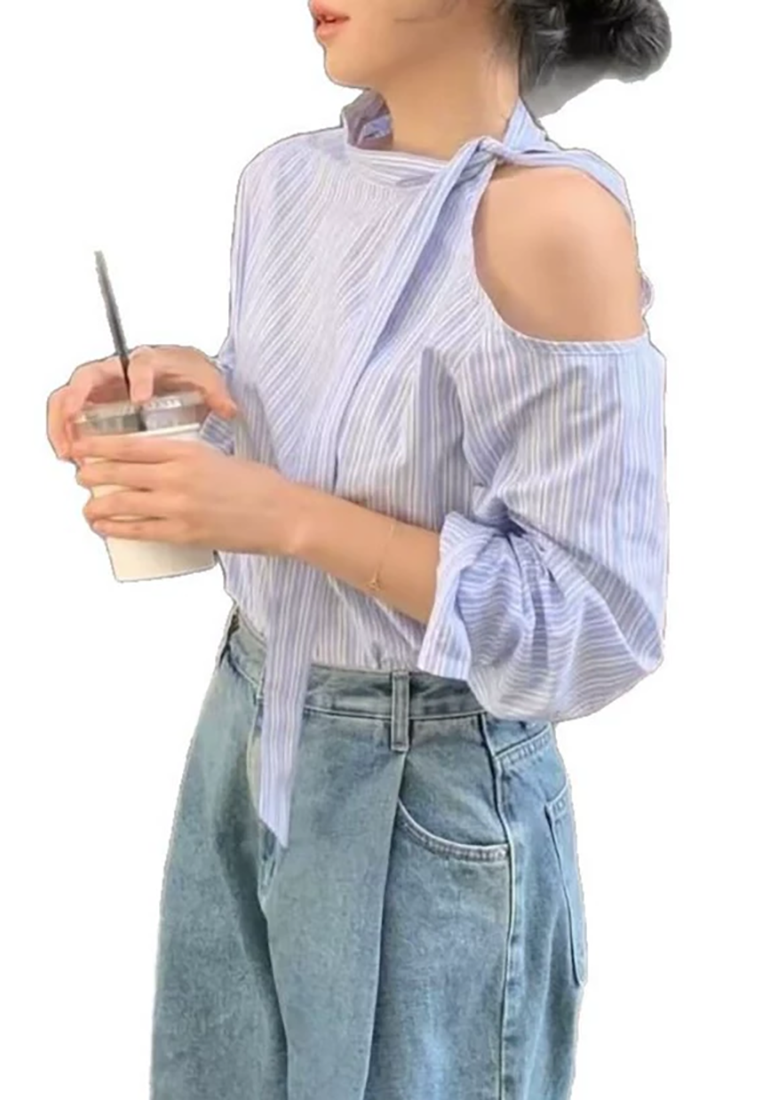 Korean chic early spring off-shoulder long-sleeved striped shirt with beveled laces CA25021310MT