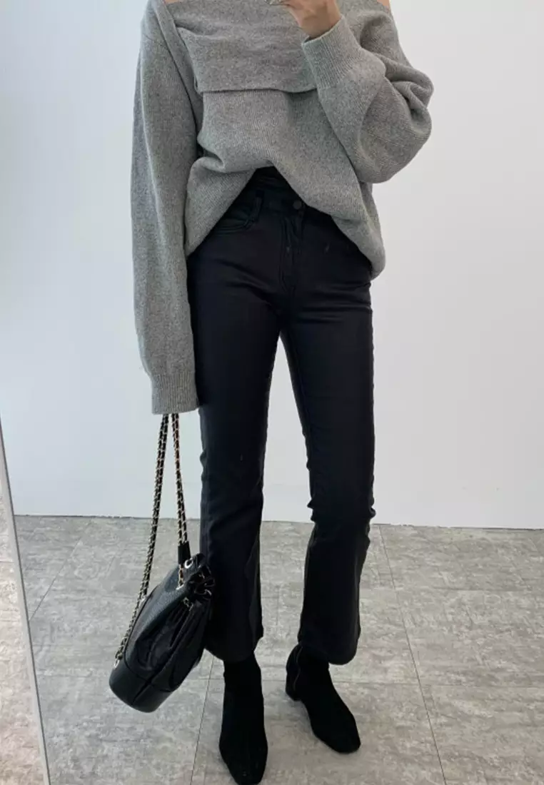 Korean style spliced loose long sleeved knitted sweater CA24092727GY