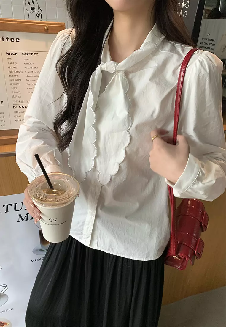 Korean version slim fit lace up long sleeved shirt CA24092368W