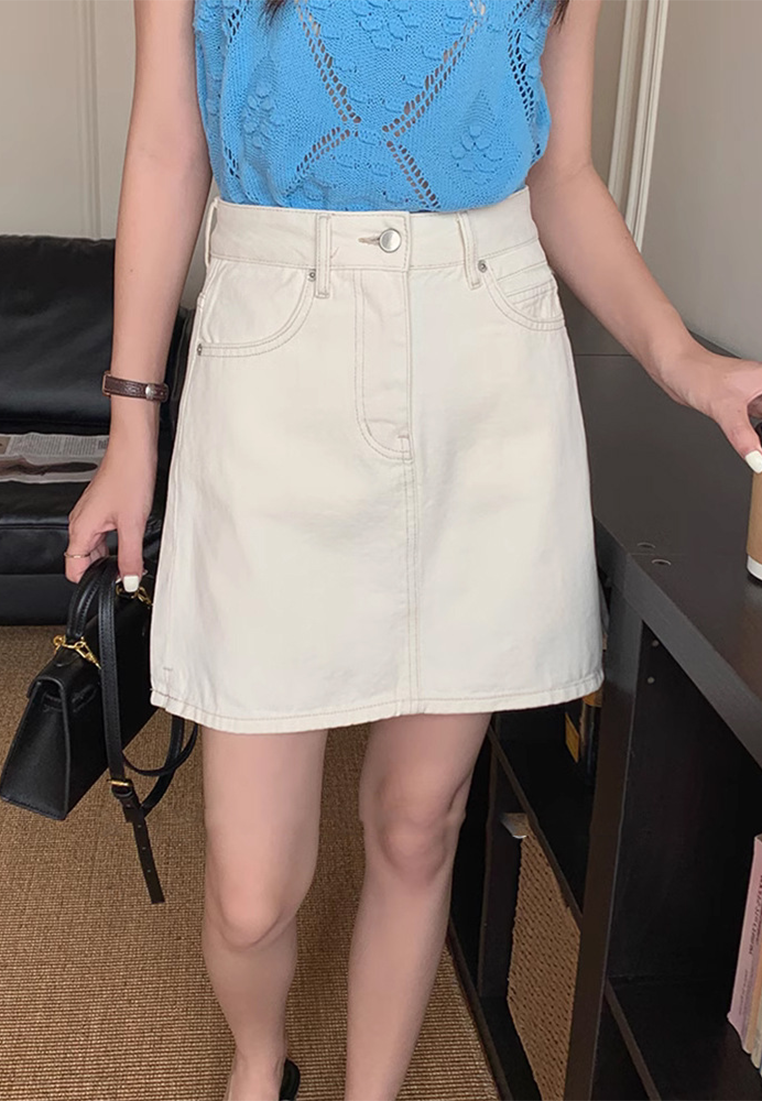 New high waist slim white denim short skirt CA25042938BE
