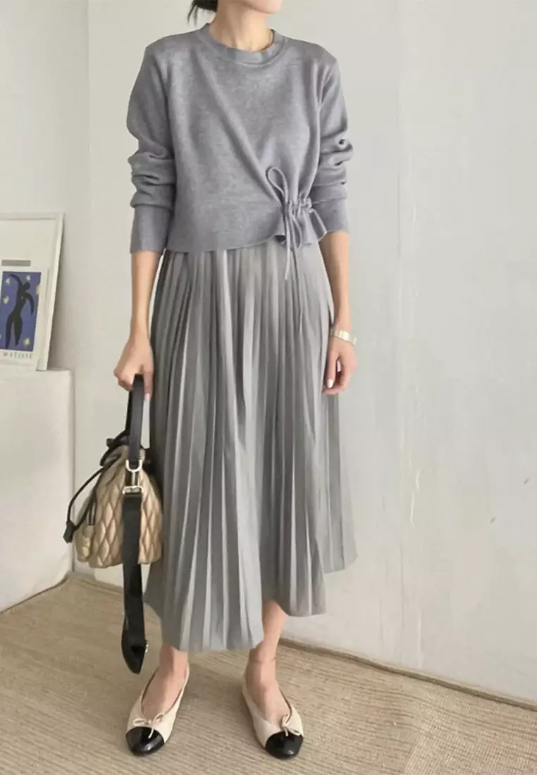 Casual versatile knitted sweater pleated camisole half skirt set CA24092736GY