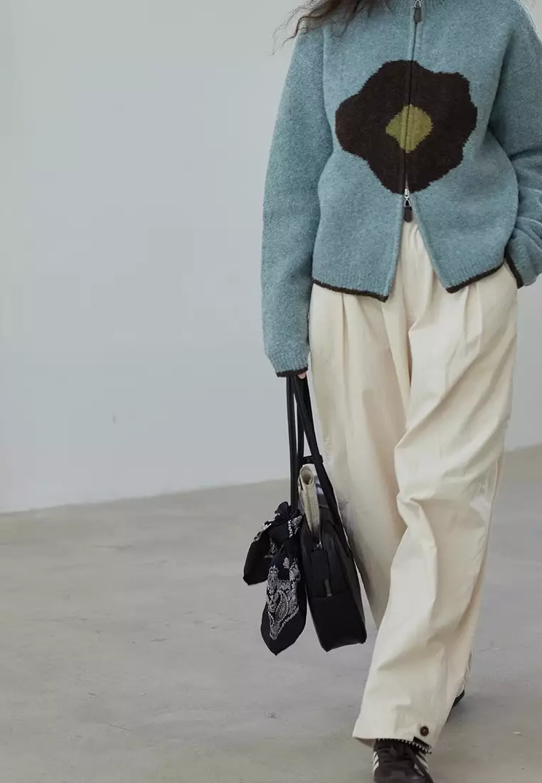 Retro style new flower pattern zipper knitted sweater jacket Cardigan K120302GY