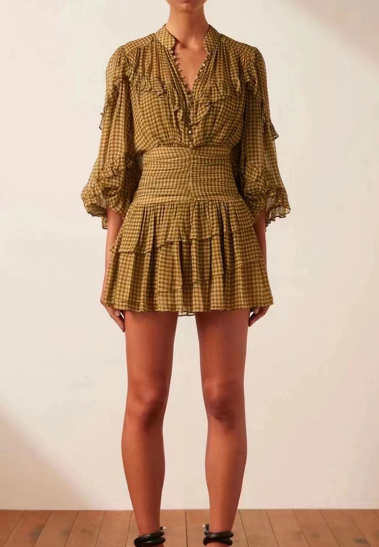 2024 autumn standing collar lotus leaf side length dress CA24081612BE