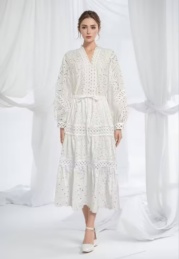 2024 Autumn V-neck Lantern Sleeve Top Slimming Long Dress Set CA24081611PI