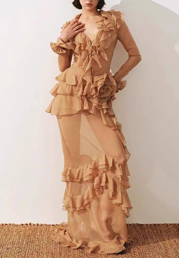 Autumn new French khaki ruffle long-sleeved dress CA25101609KI