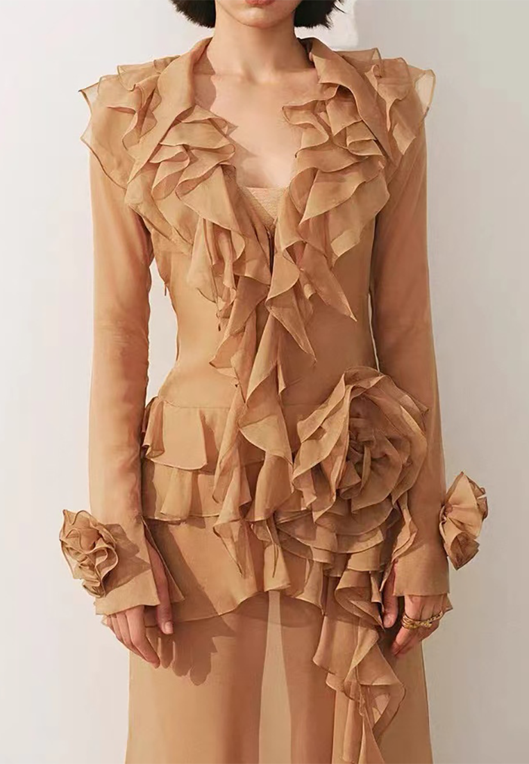 Autumn new French khaki ruffle long-sleeved dress CA25101609KI