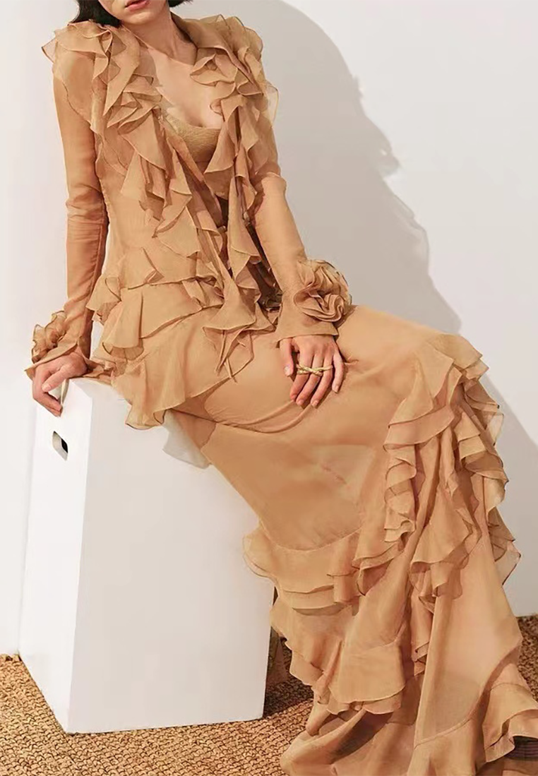 Autumn new French khaki ruffle long-sleeved dress CA25101609KI