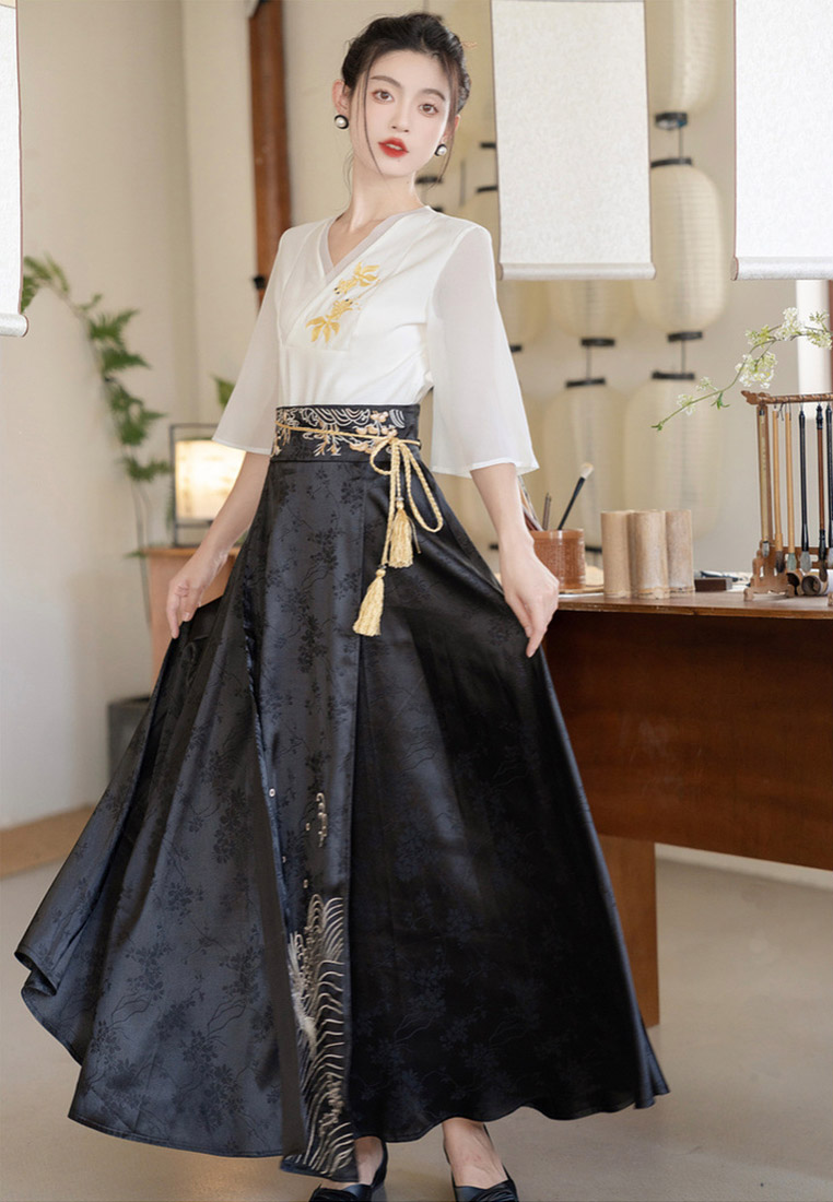 Simple Embroidery Elastic Waist Elegant wrap skirt Dress Set CA011009