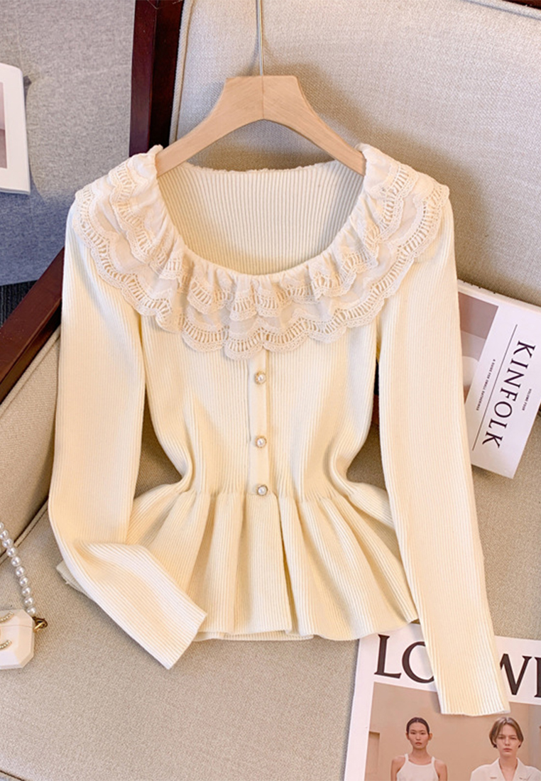 French lace square-neck black knit long-sleeved top CA110209BE