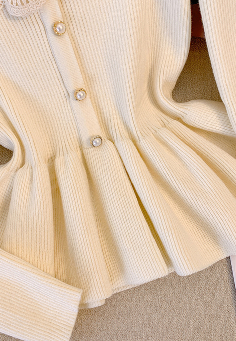 French lace square-neck black knit long-sleeved top CA110209BE