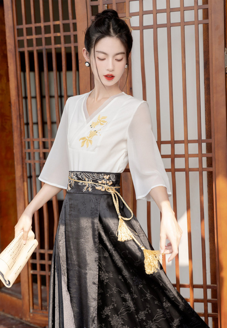 Simple Embroidery Elastic Waist Elegant wrap skirt Dress Set CA011009