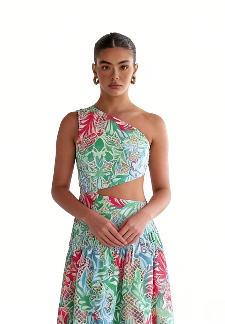 Boho Tropical Print Asymmetrical Neck Cutout Maxi Dress Summer Beach Dress K26040910