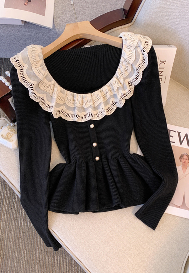 French lace square-neck black knit long-sleeved top CA110209BE