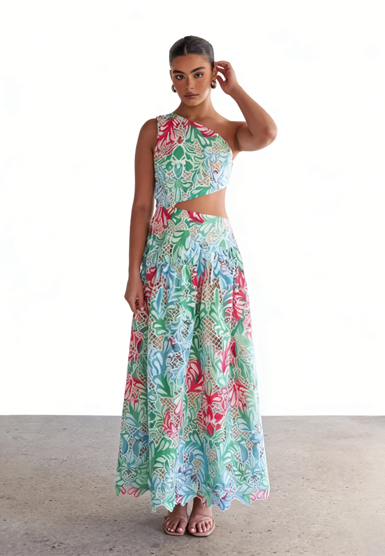 Boho Tropical Print Asymmetrical Neck Cutout Maxi Dress Summer Beach Dress K26040910