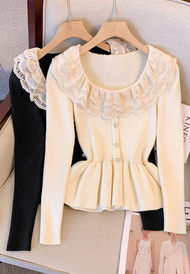 French lace square-neck black knit long-sleeved top CA110209BE