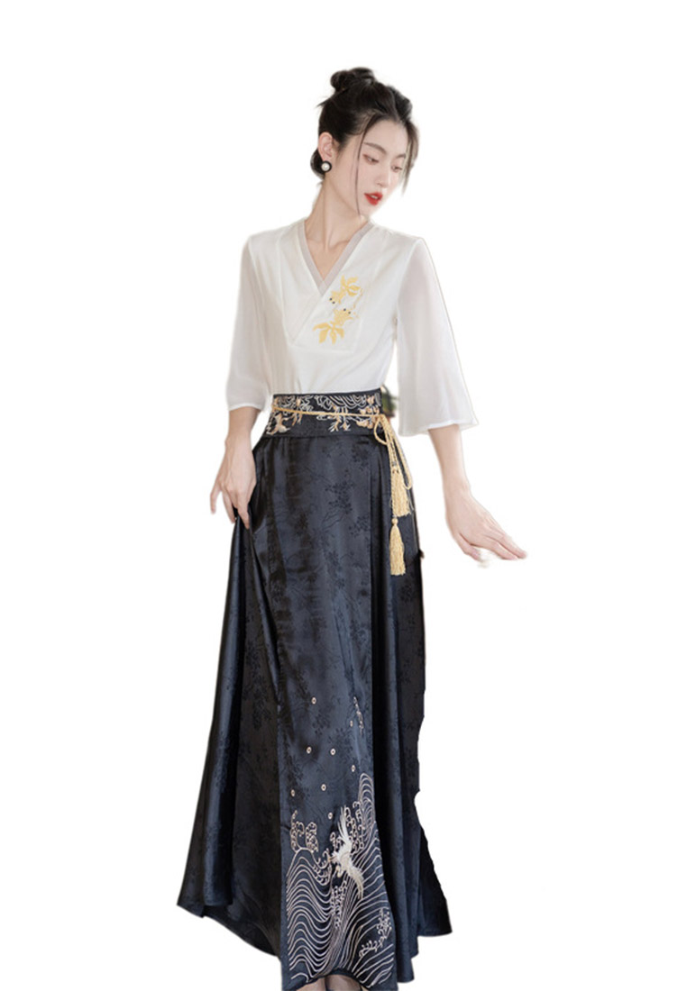 Simple Embroidery Elastic Waist Elegant wrap skirt Dress Set CA011009