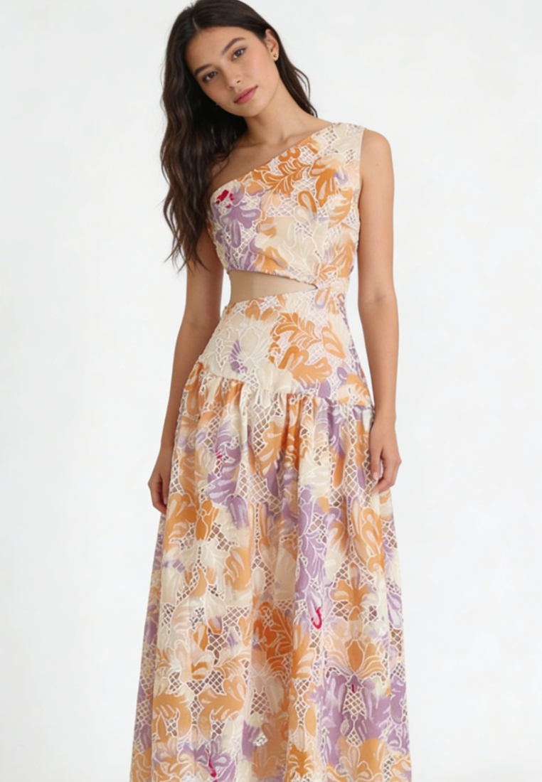 Boho Tropical Print Asymmetrical Neck Cutout Maxi Dress Summer Beach Dress K26040910