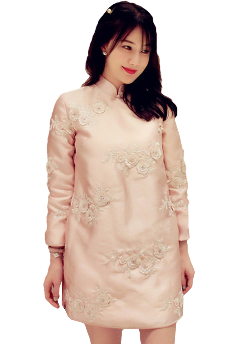 Fashionable pink three-dimensional sequin embroidered cheongsam dress CA122709