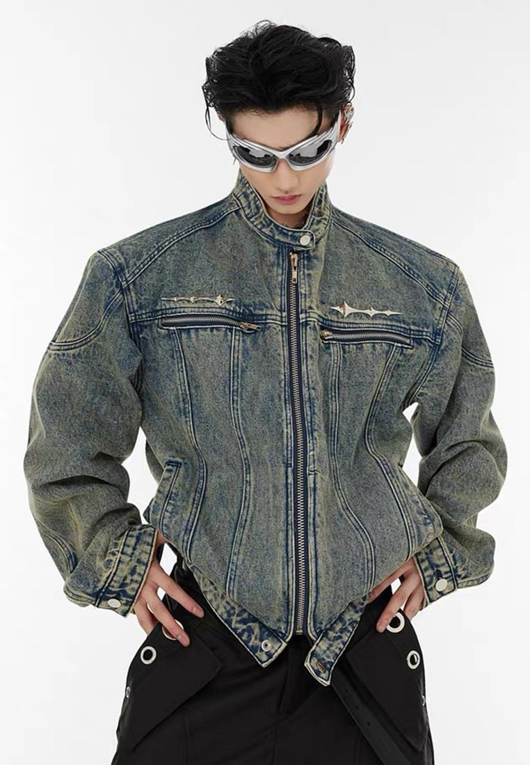Retro patchwork denim collarless jacket CA24101409BL