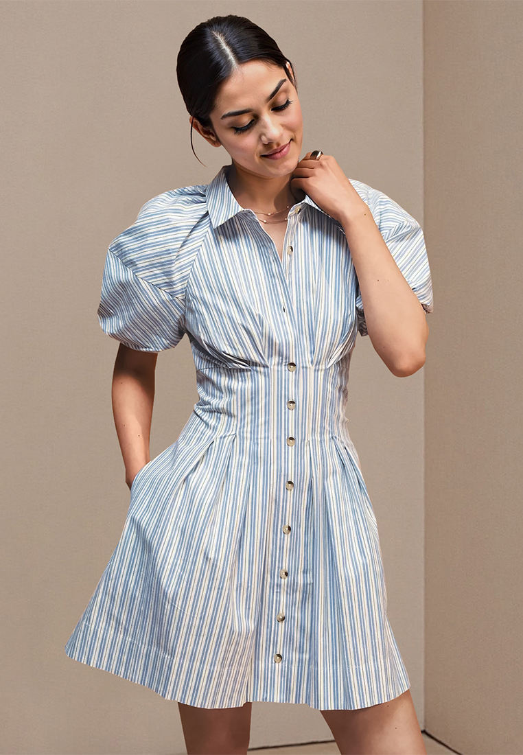 Flip collar striped pocket mini dress CA25042209BL